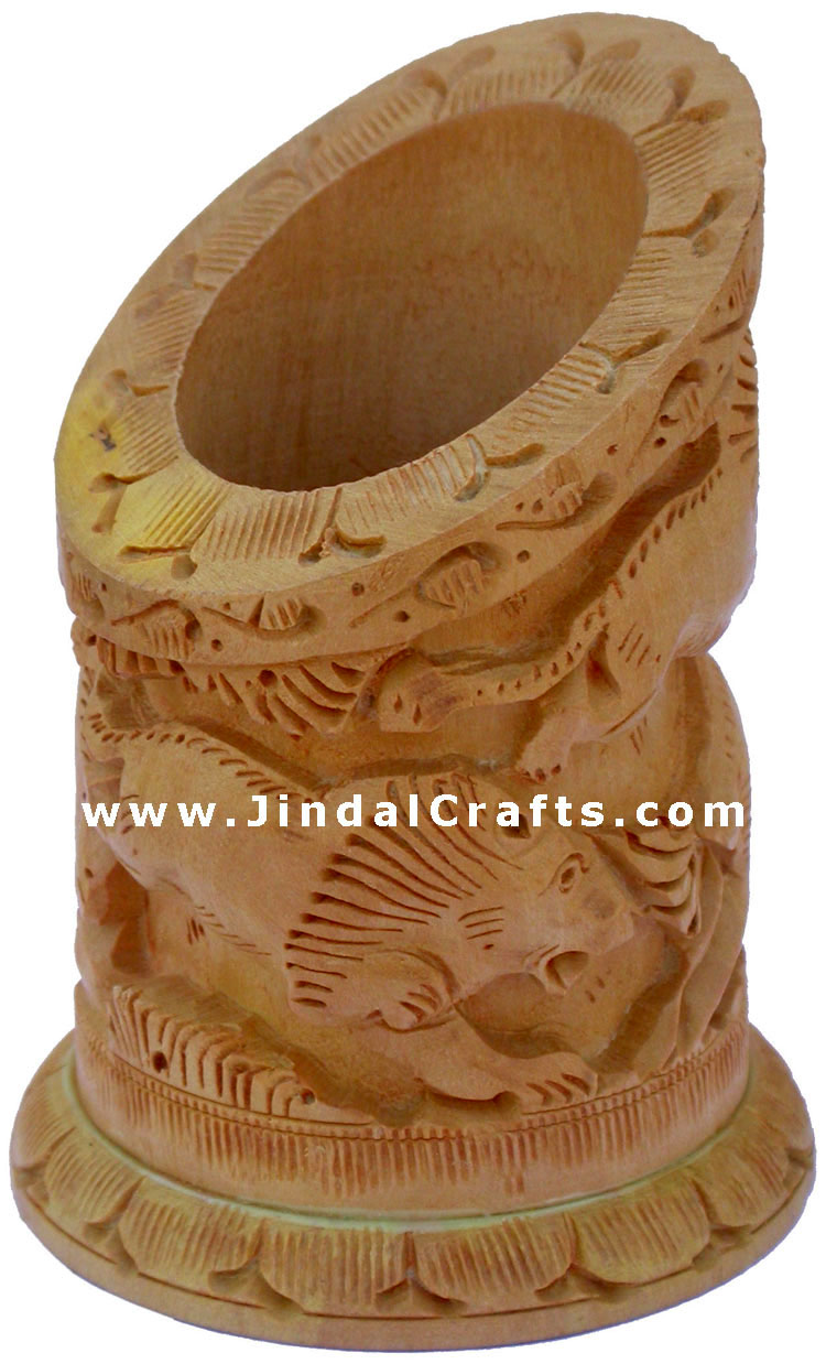 Hand Carved Wood Decorative Pen Holder Stand India Art