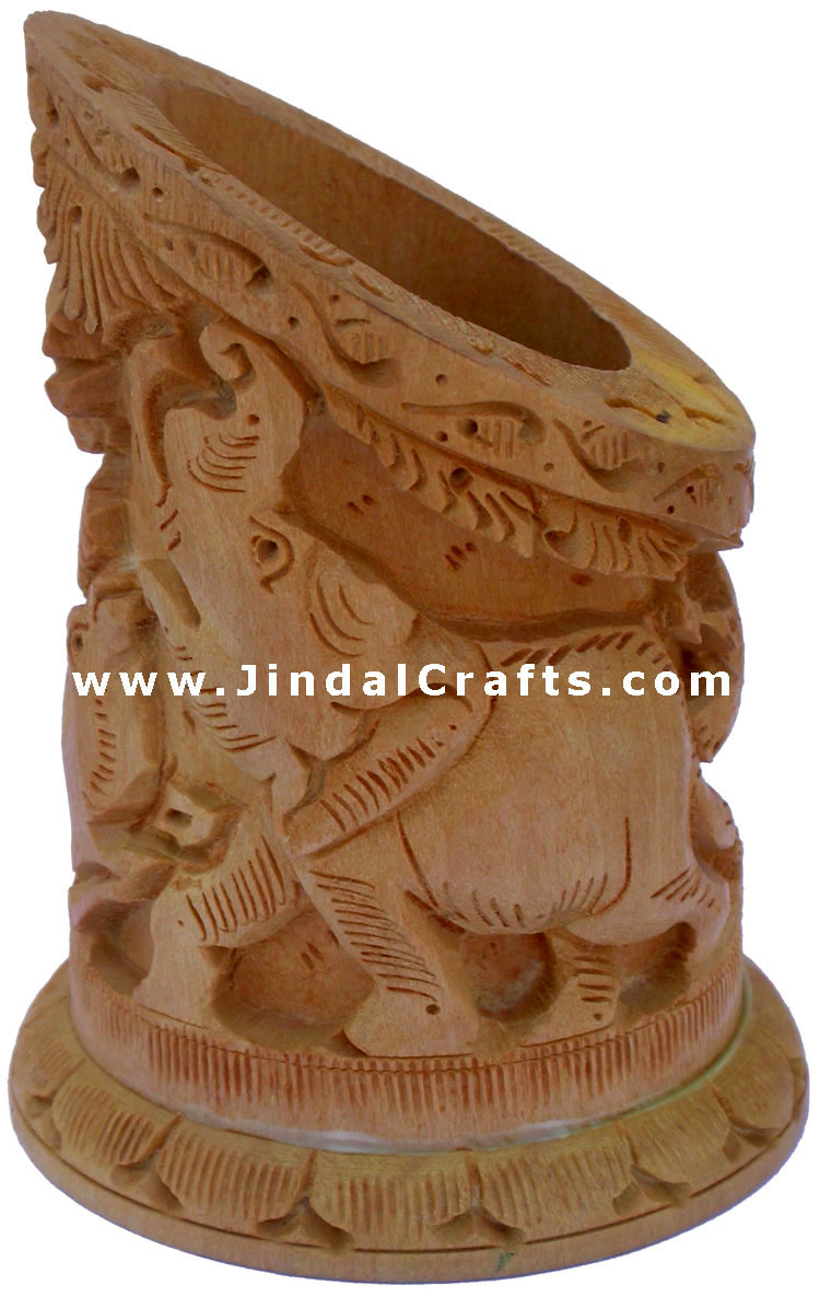 Hand Carved Wood Decorative Pen Holder Stand India Art
