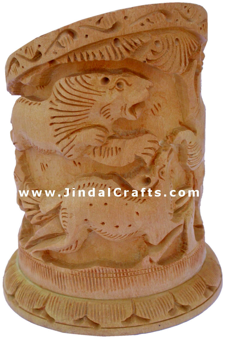 Hand Carved Wood Decorative Pen Holder Stand India Art