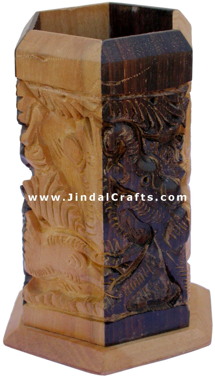 Hand Carved Wood Decorative Pen Holder Stand India Art