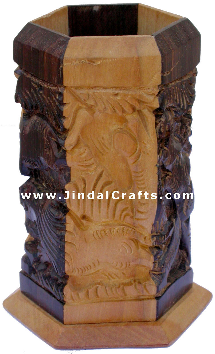 Hand Carved Wood Decorative Pen Holder Stand India Art
