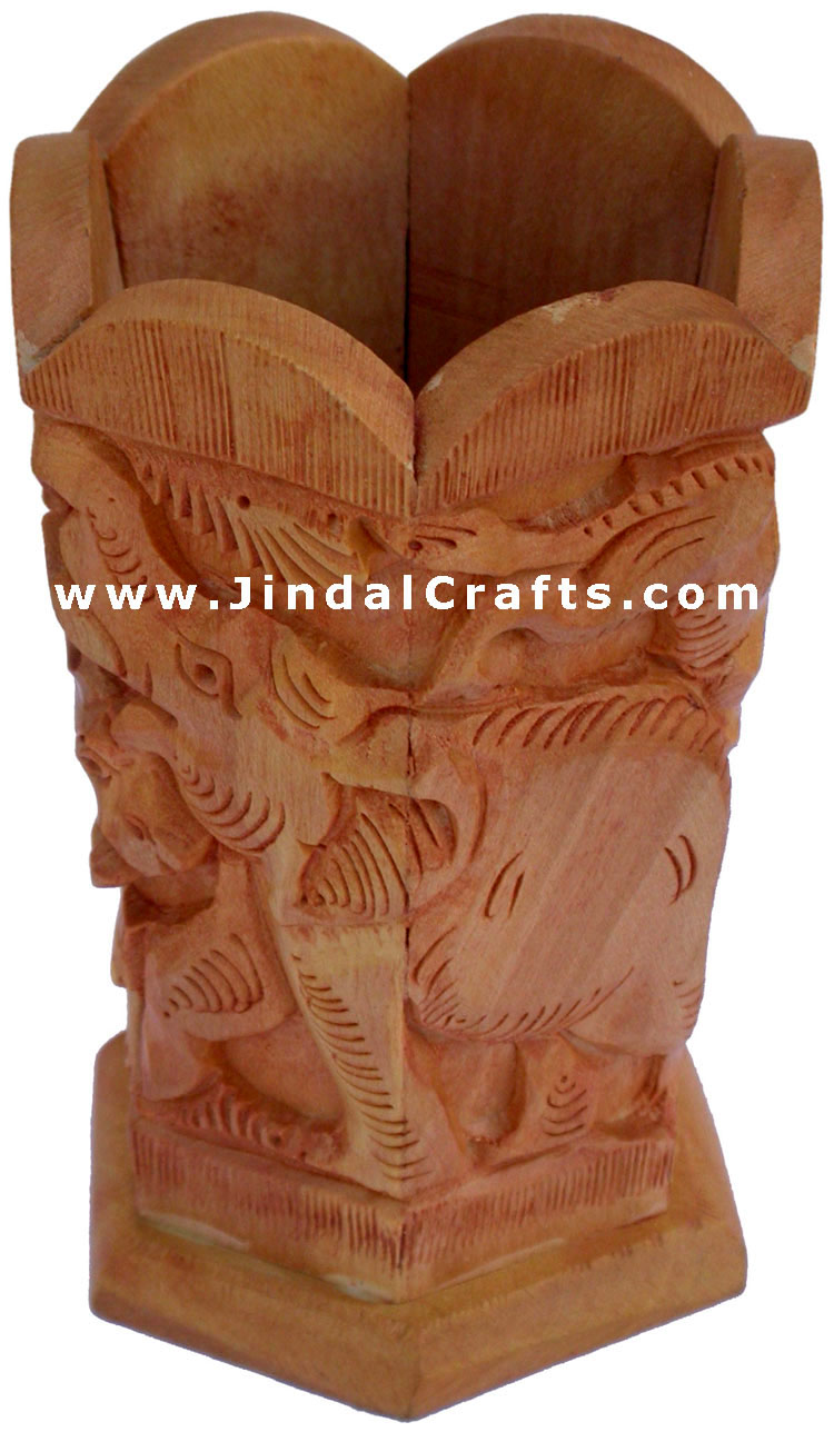 Hand Carved Wood Pen Holder Stand India Jungle Carving Gift Corporate Souvenirs