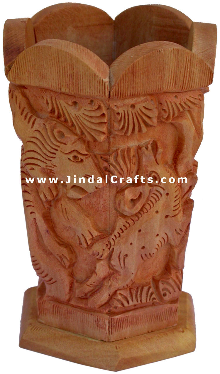 Hand Carved Wood Pen Holder Stand India Jungle Carving Gift Corporate Souvenirs