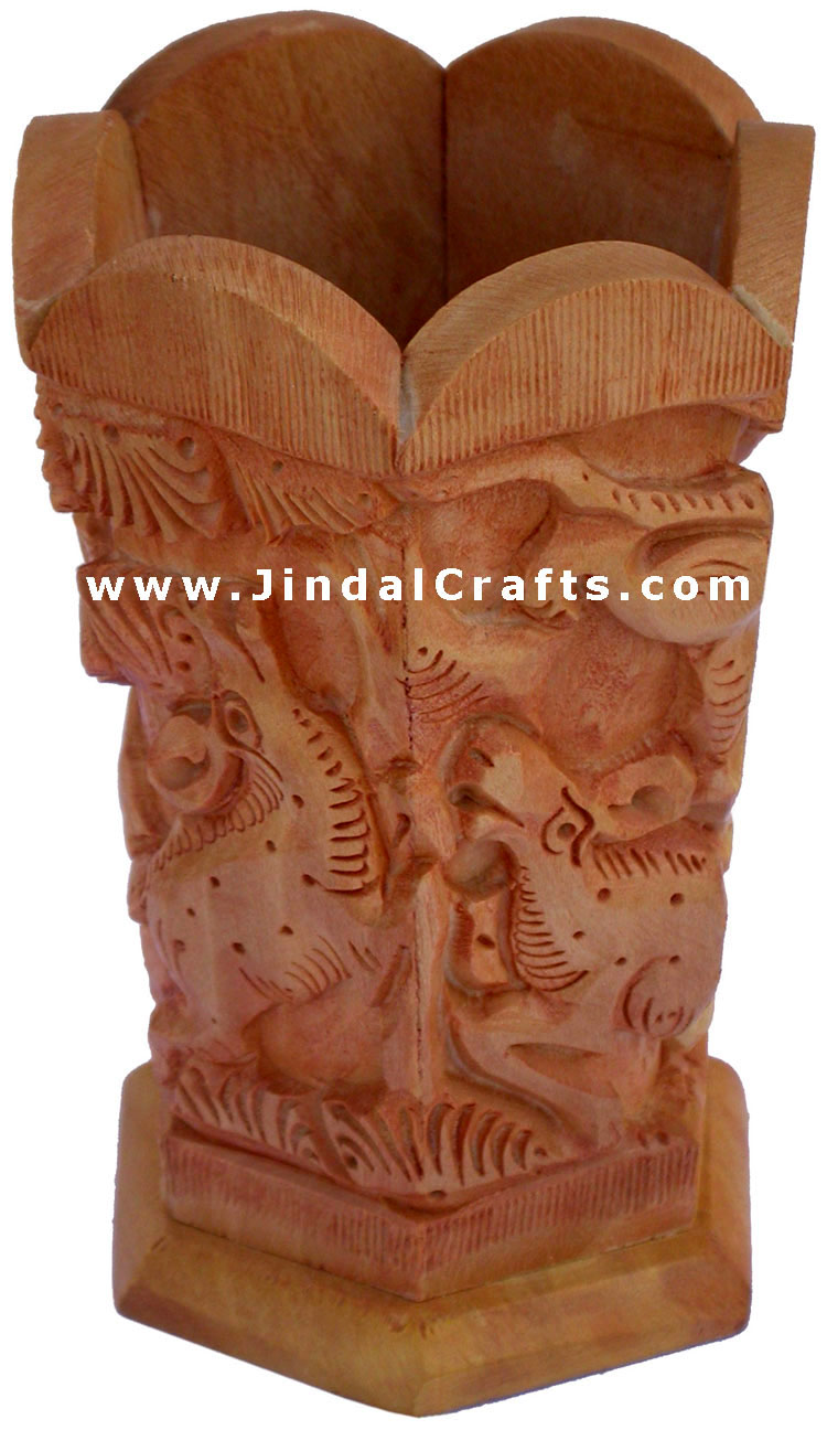 Hand Carved Wood Pen Holder Stand India Jungle Carving Gift Corporate Souvenirs