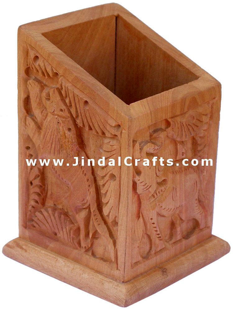 Hand Carved Wood Decorative Pen Holder Stand India Art