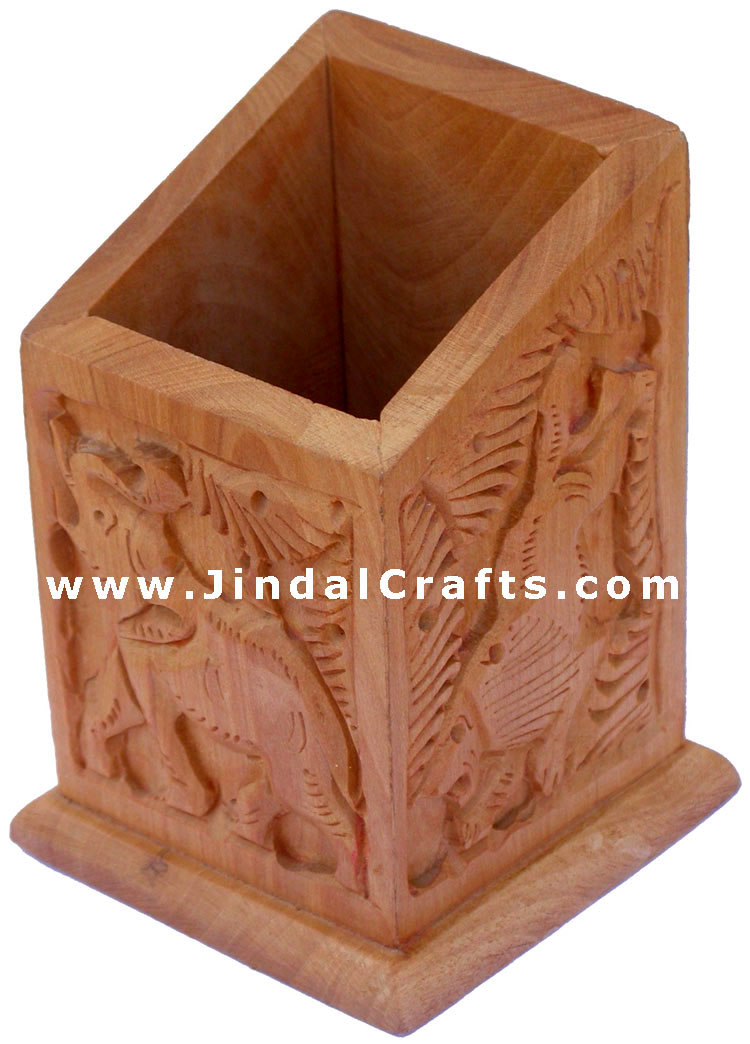 Hand Carved Wood Decorative Pen Holder Stand India Art
