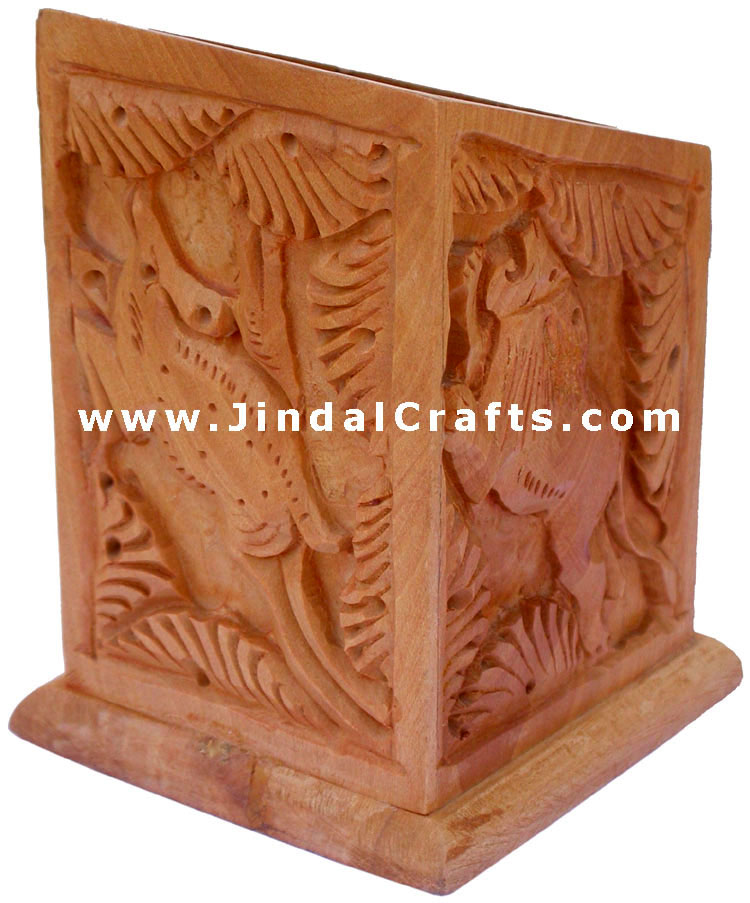 Hand Carved Wood Decorative Pen Holder Stand India Art