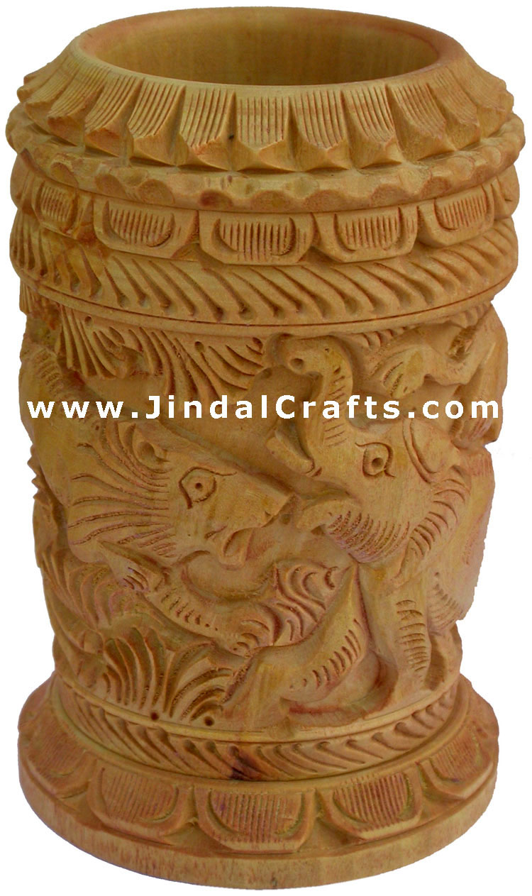 Hand Carved Wood Decorative Pen Holder Stand India Art