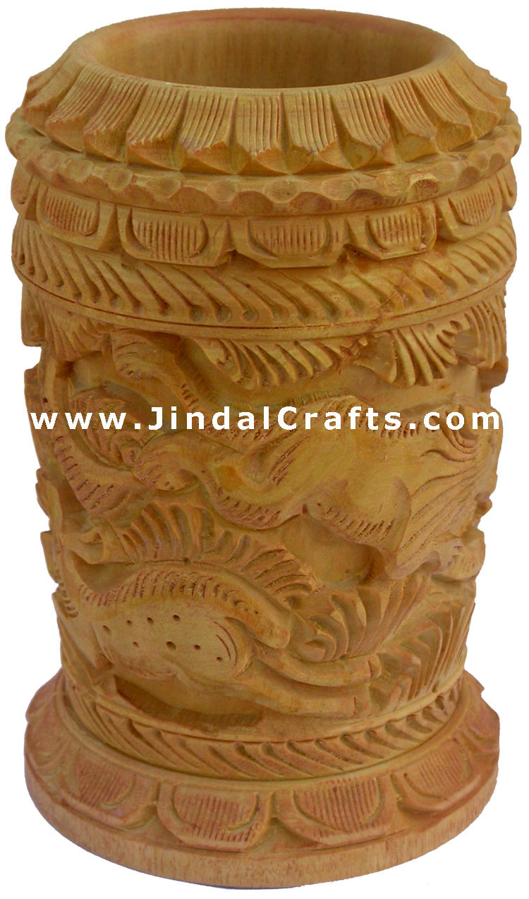 Hand Carved Wood Decorative Pen Holder Stand India Art