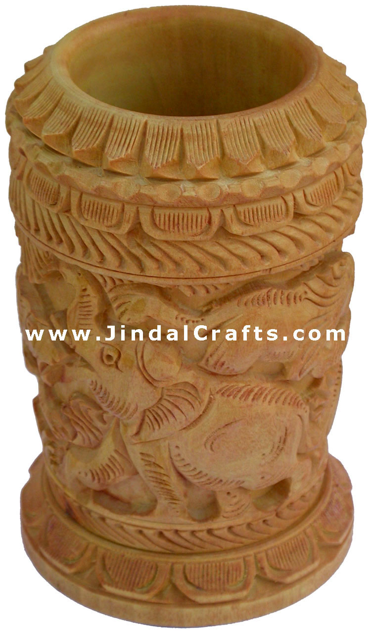 Hand Carved Wood Decorative Pen Holder Stand India Art