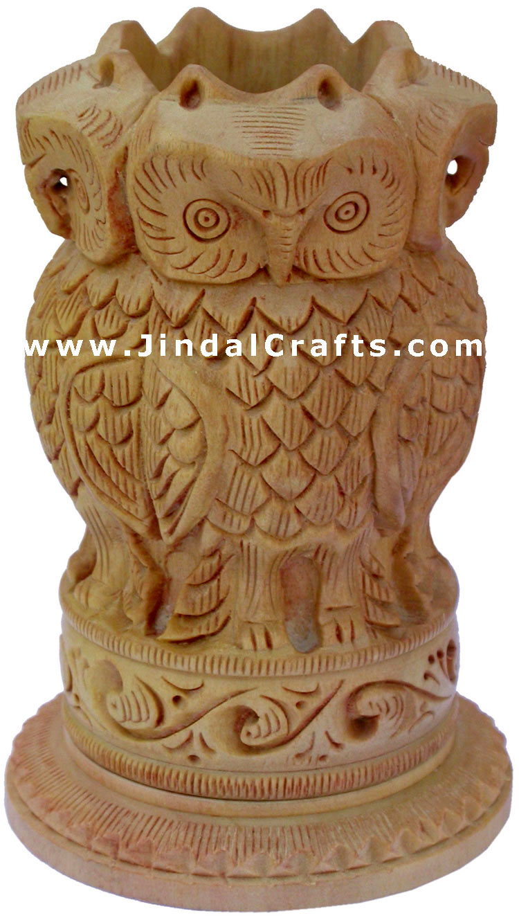 Hand Carved Wood Owl Pen Holder Stand India Jungle Carving Corporate Souvenirs