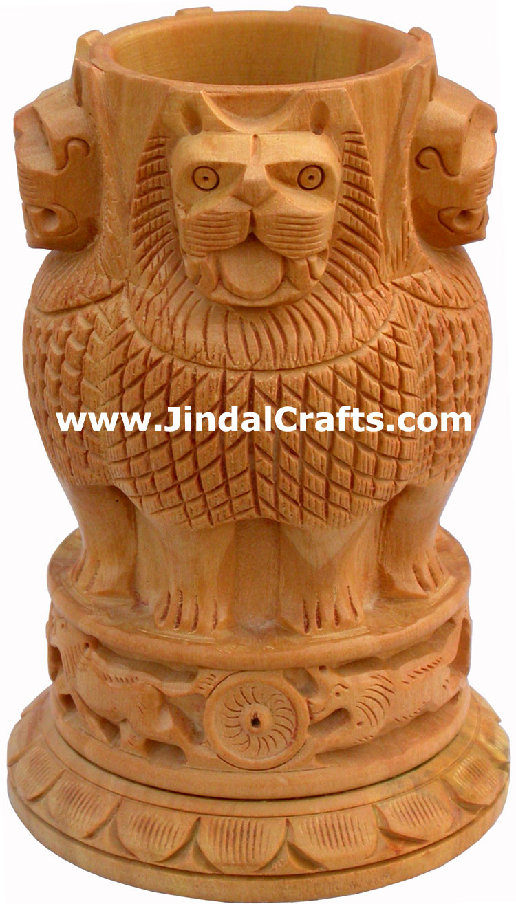 Hand Carved Wood Ashoka Stambh Pen Holder Stand Holder India Carving Handicrafts