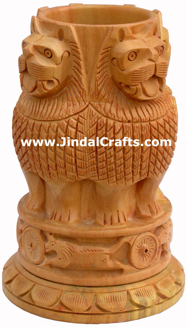 Hand Carved Wood Ashoka Stambh Pen Holder Stand Holder India Carving Handicrafts
