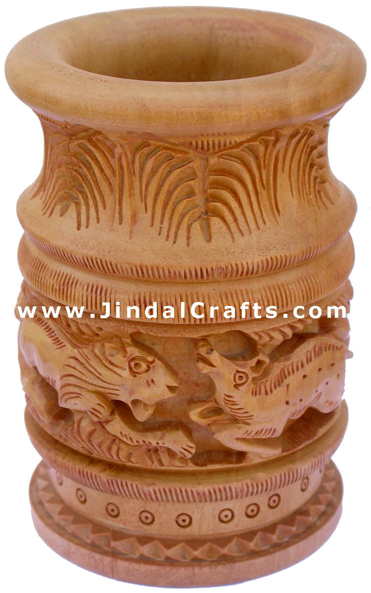 Hand Carved Wood Decorative Pen Holder Stand India Art