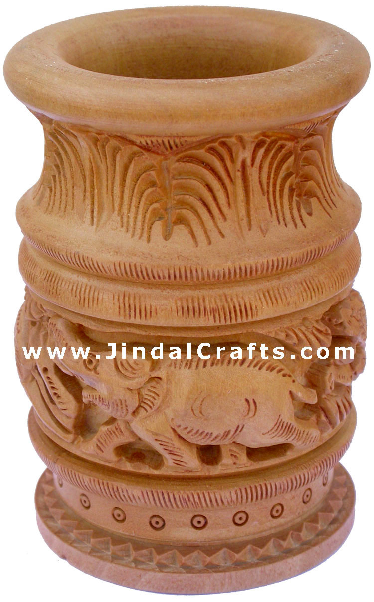 Hand Carved Wood Decorative Pen Holder Stand India Art