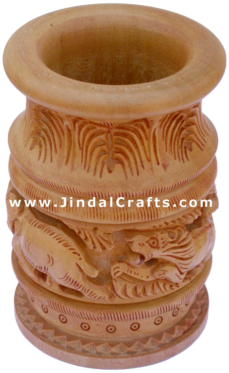 Hand Carved Wood Decorative Pen Holder Stand India Art