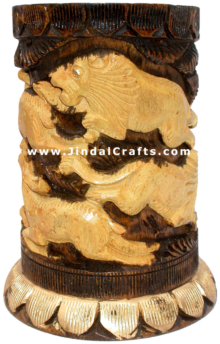 Pen Holder Wood Hand Carved Antique Look Jungle India