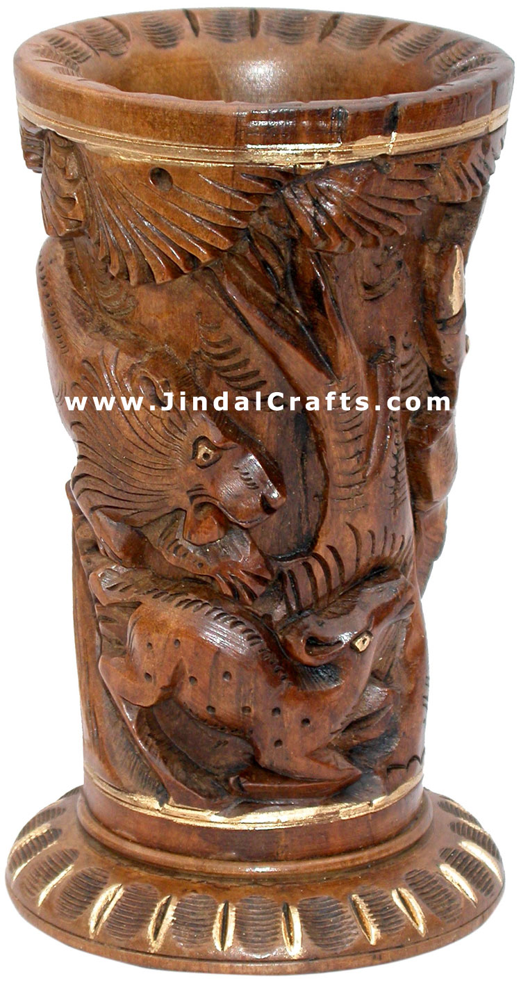 Pen Stand Wood Hand Carved Antique Look Jungle India