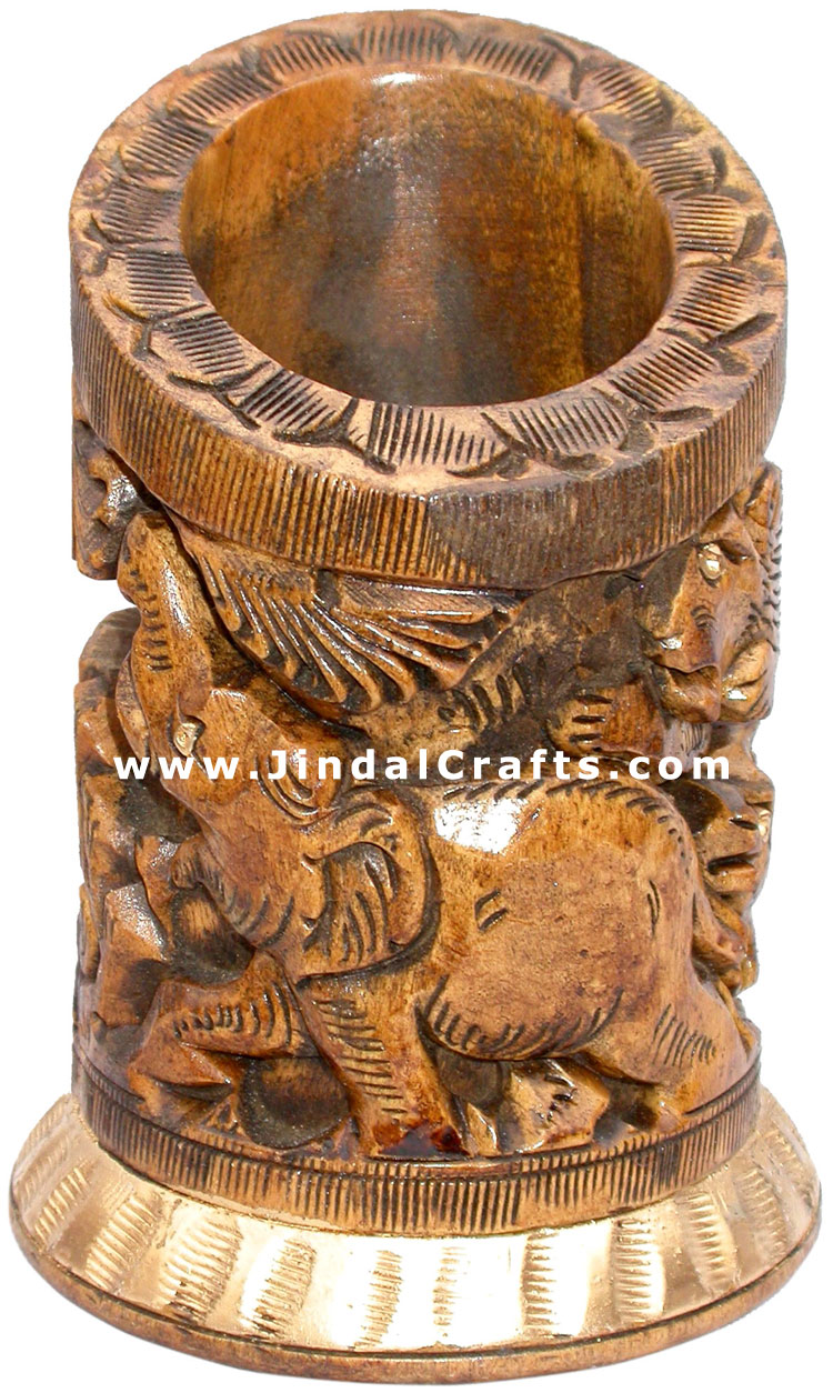 Pen Holder Wood Hand Carved Antique Look Jungle India