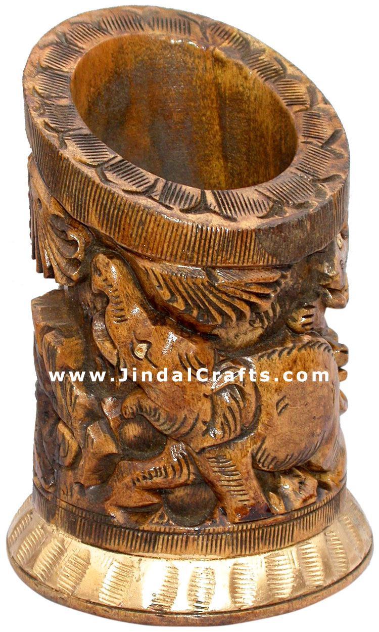 Pen Holder Wood Hand Carved Antique Look Jungle India