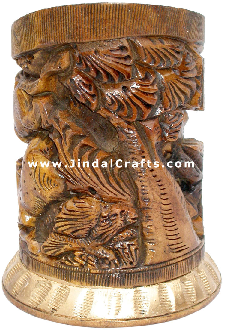 Pen Holder Wood Hand Carved Antique Look Jungle India