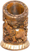 Pen Holder Wood Hand Carved Antique Look Jungle India