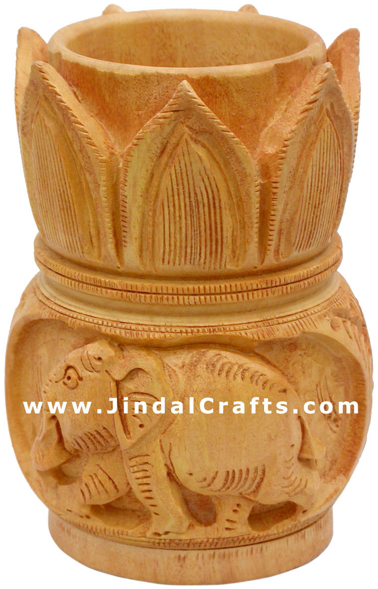 Hand Carved Wood Pen Holder Stand India Jungle Carving Gift Corporate Souvenirs