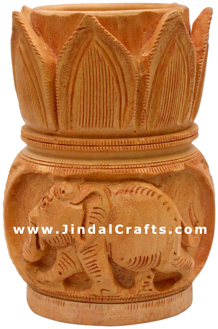 Hand Carved Wood Pen Holder Stand India Jungle Carving Gift Corporate Souvenirs