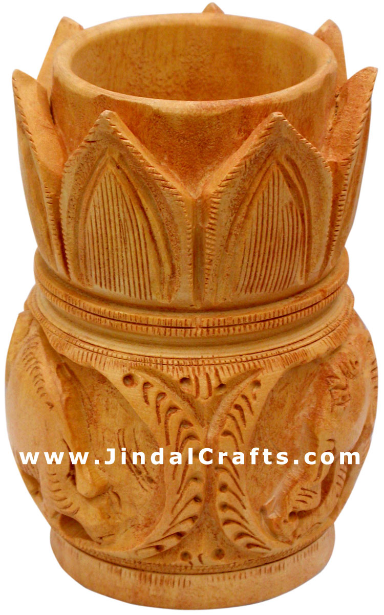 Hand Carved Wood Pen Holder Stand India Jungle Carving Gift Corporate Souvenirs