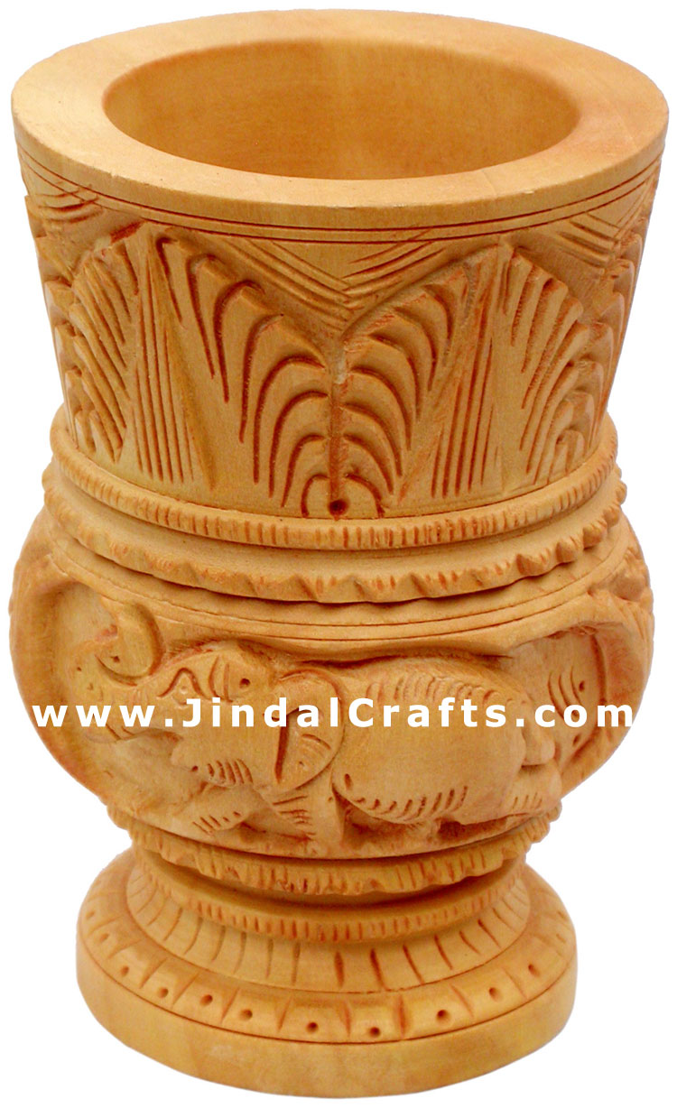 Hand Carved Wood Pen Holder Stand India Jungle Carving Gift Corporate Souvenirs