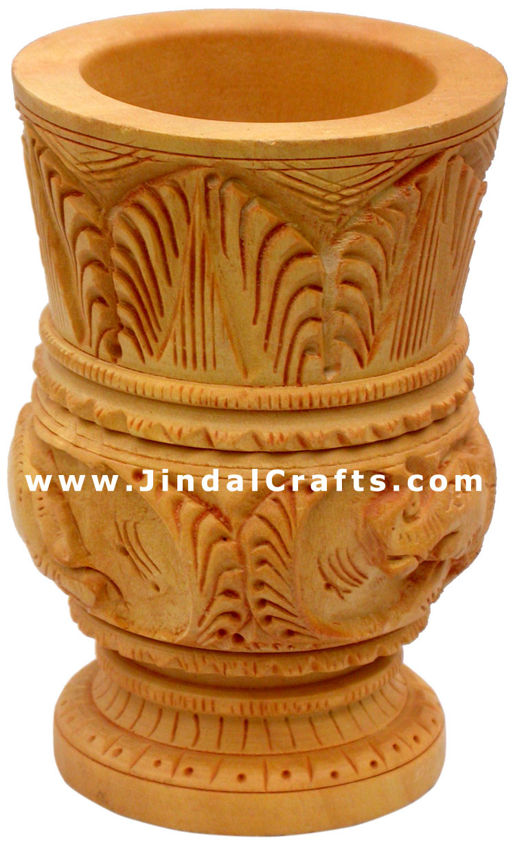 Hand Carved Wood Pen Holder Stand India Jungle Carving Gift Corporate Souvenirs