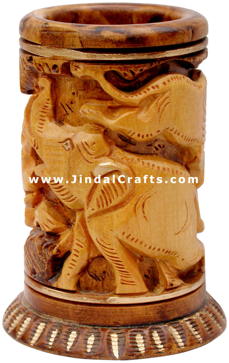 Pen Holder Wood Hand Carved Antique Look Jungle India
