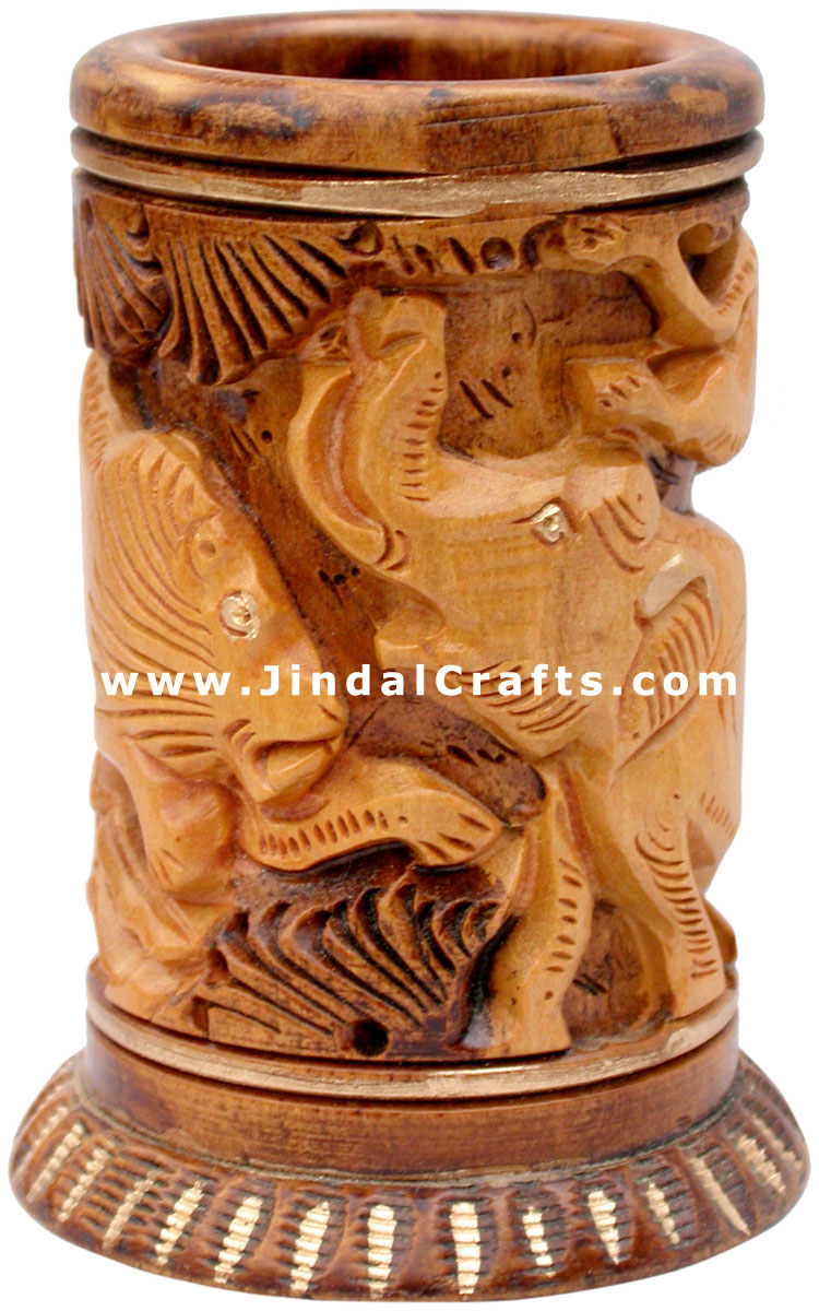 Pen Holder Wood Hand Carved Antique Look Jungle India