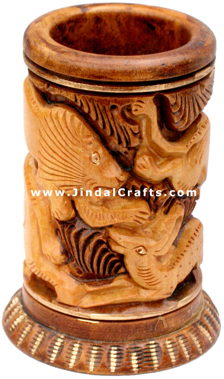 Pen Holder Wood Hand Carved Antique Look Jungle India