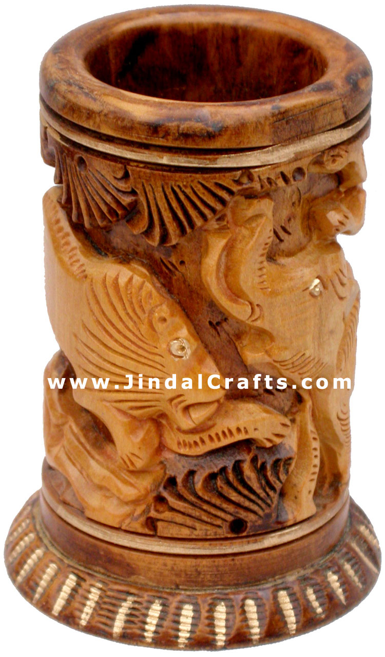 Pen Holder Wood Hand Carved Antique Look Jungle India