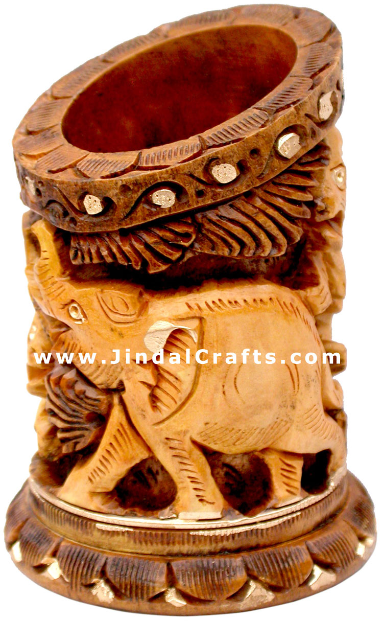 Pen Holder Wood Hand Carved Antique Look Jungle India