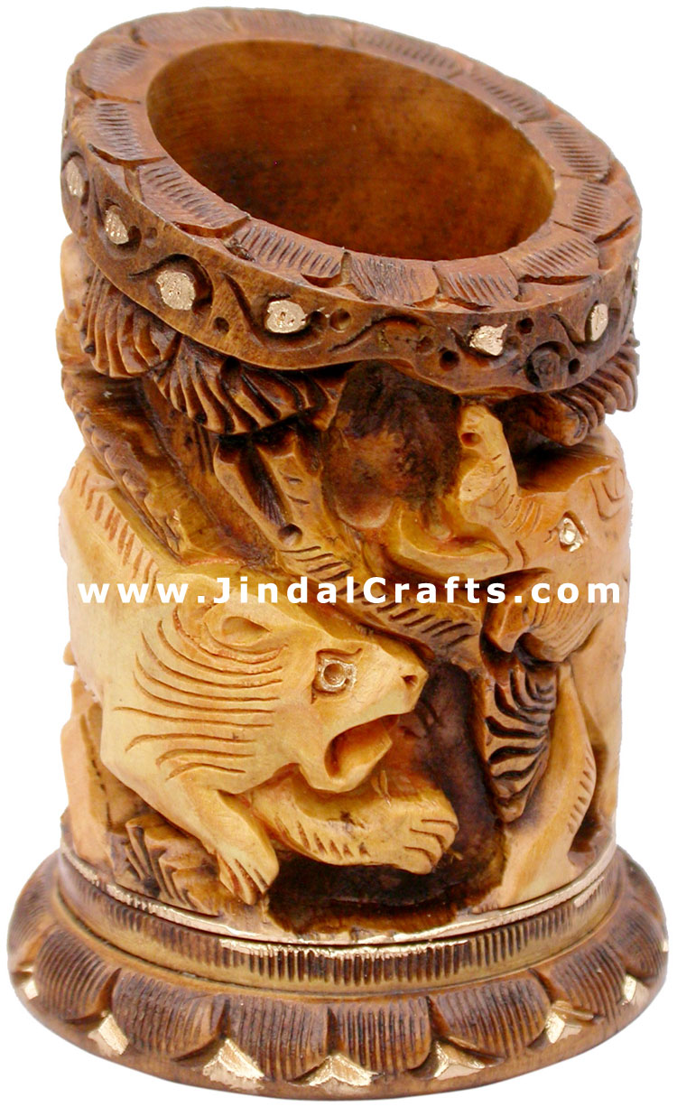 Pen Holder Wood Hand Carved Antique Look Jungle India