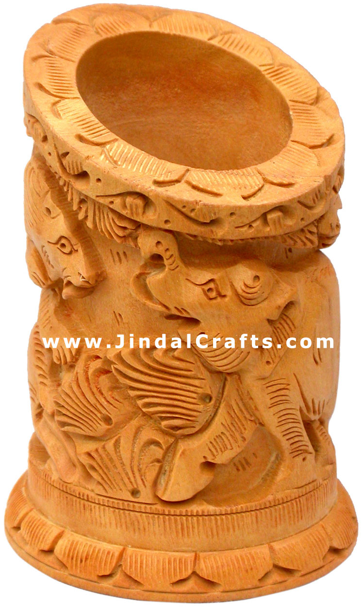 Hand Carved Wood Pen Holder Stand India Jungle Carving Gift Corporate Souvenirs