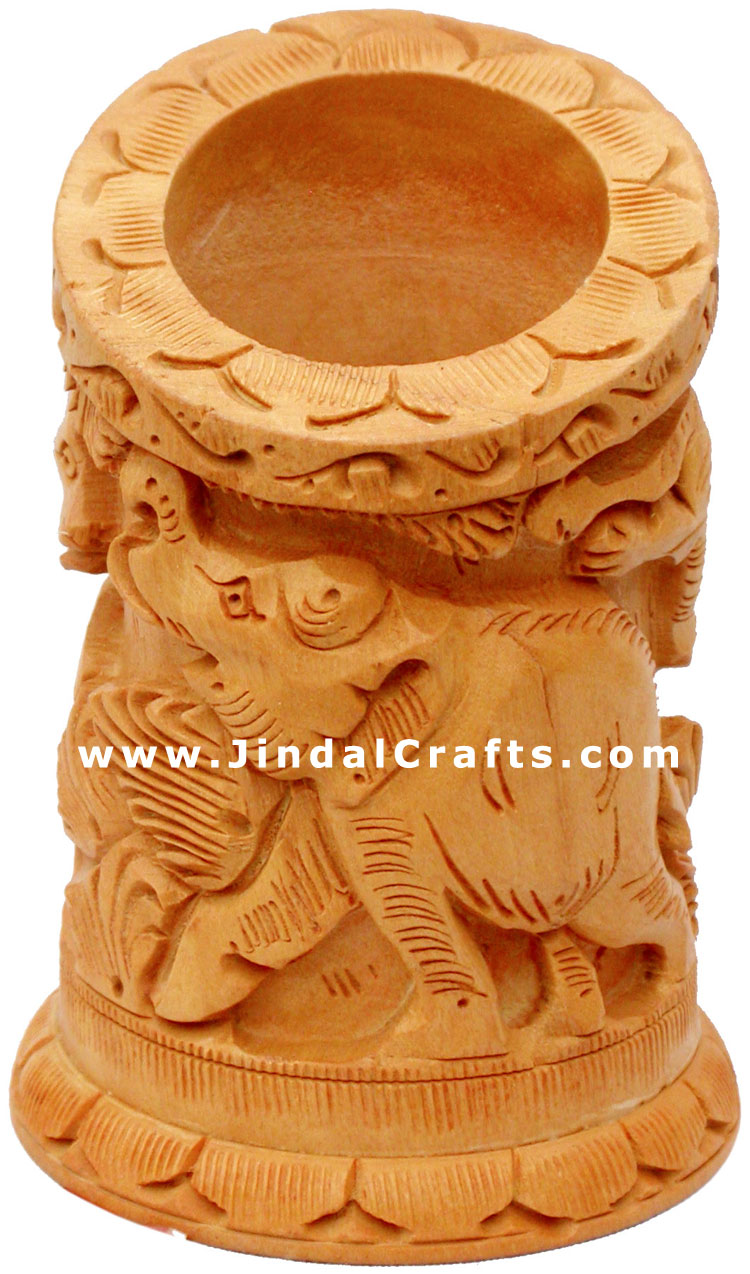 Hand Carved Wood Pen Holder Stand India Jungle Carving Gift Corporate Souvenirs