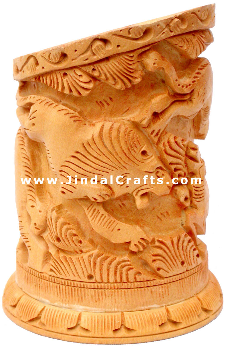 Hand Carved Wood Pen Holder Stand India Jungle Carving Gift Corporate Souvenirs