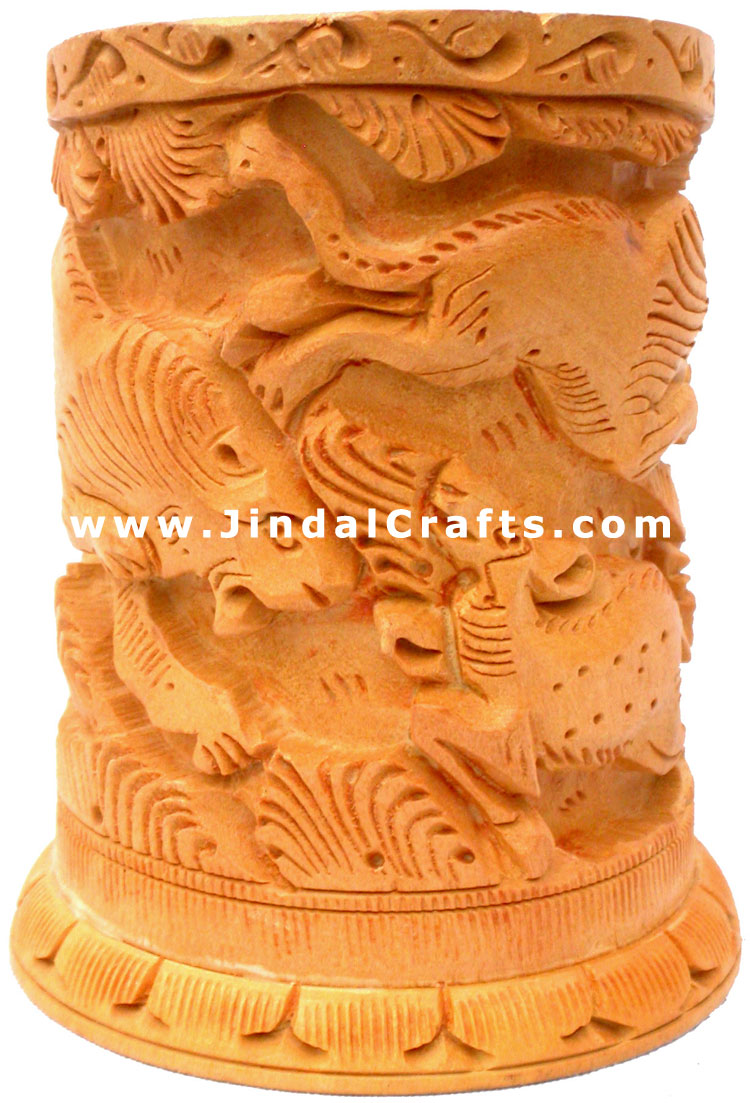 Hand Carved Wood Pen Holder Stand India Jungle Carving Gift Corporate Souvenirs