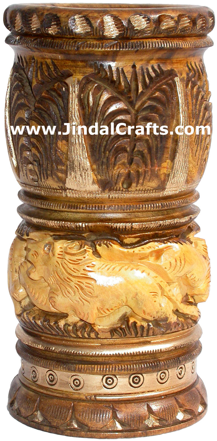 Pen Stand Holder Hand Carved Wooden Art Antique Finish