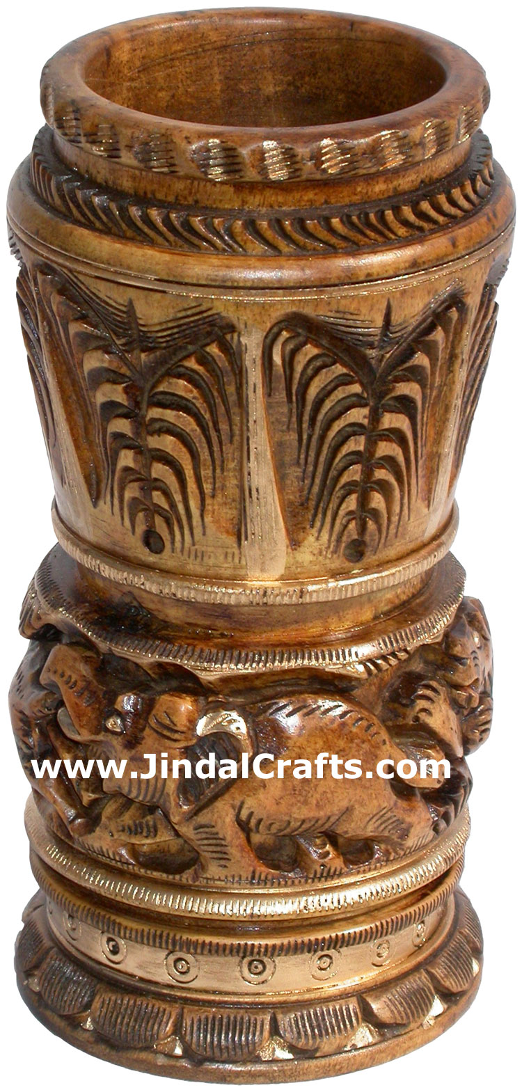 Hand Carved Wood Pen Pencil Holder Stand Unique Art