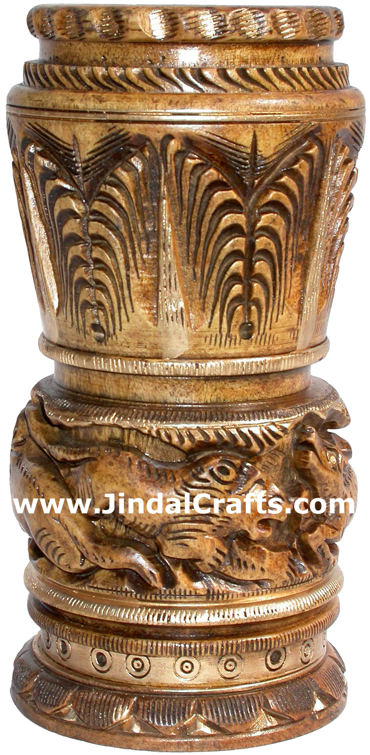 Hand Carved Wood Pen Pencil Holder Stand Unique Art