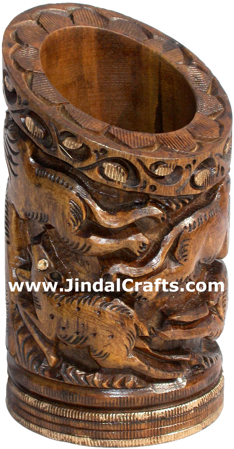 Hand Carved Antique Look Wooden Pen Pencil Holder Stand Jungle Art Elephant Lion