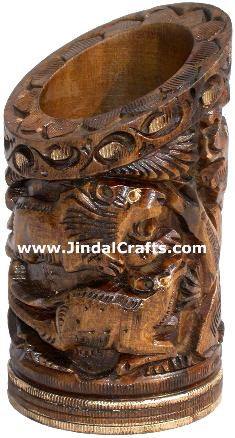 Hand Carved Antique Look Wooden Pen Pencil Holder Stand Jungle Art Elephant Lion
