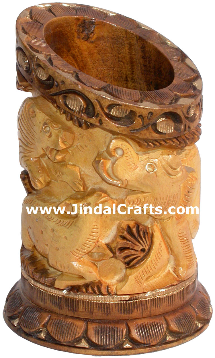 Hand Carved Wood Pen Pencil Holder Stand Unique Art
