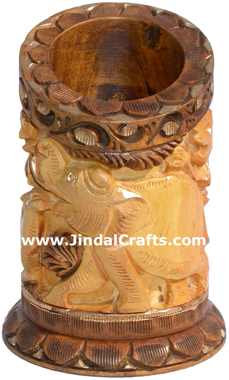Hand Carved Wood Pen Pencil Holder Stand Unique Art