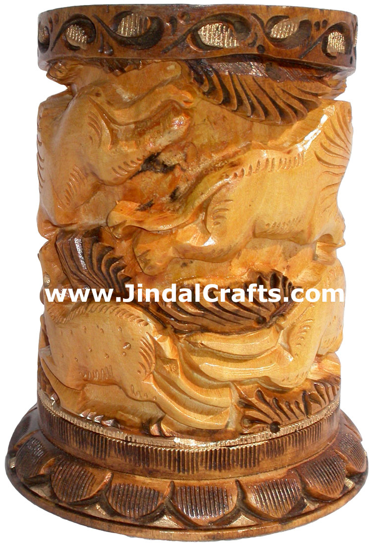 Hand Carved Wood Pen Pencil Holder Stand Unique Art