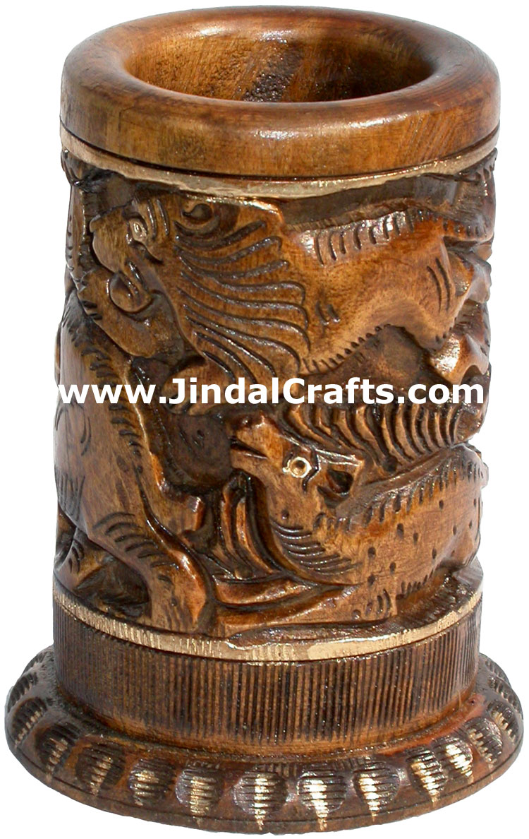 Hand Carved Antique Look Wooden Pen Pencil Holder Stand Jungle Art Elephant Lion